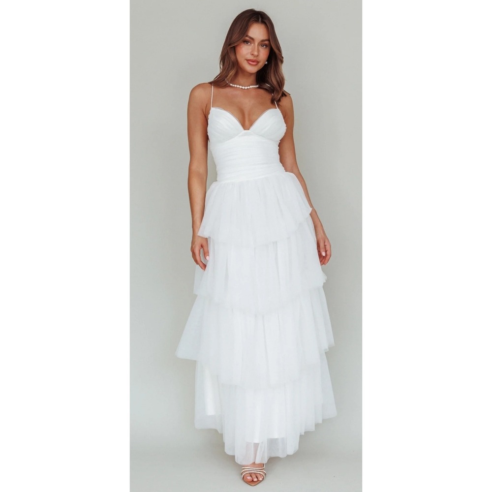 Selfie Leslie Tulle Maxi Dress White Tiered Formal‎ Wedding/Party Dress Size XS
